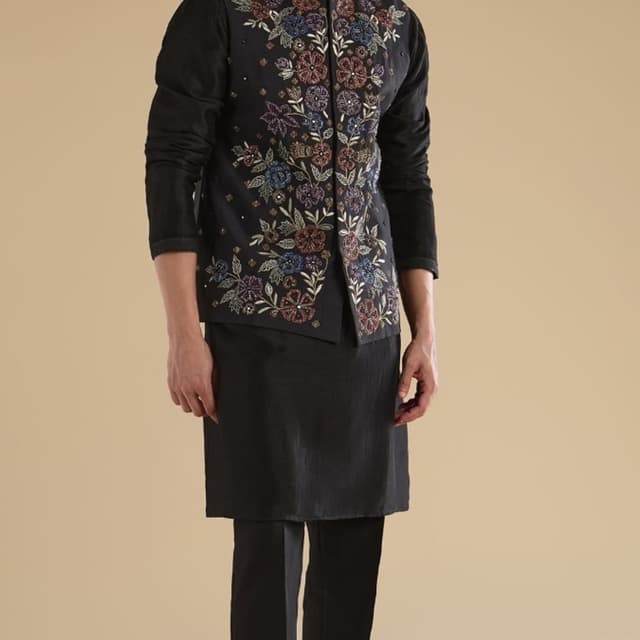 Black with multicolored floral embroidery Nehru Jacket over Kurta and Pants