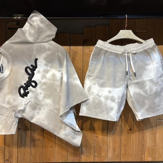 Beige, White Hoodie and Shorts Set