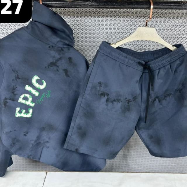 Navy blue with black splatters, green text Hoodie and Shorts Set