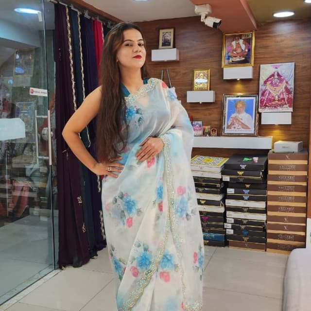 White, Blue, Pink, Gold Saree