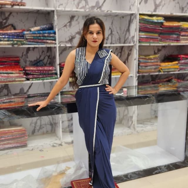 Navy blue with white accents Pre-draped Saree