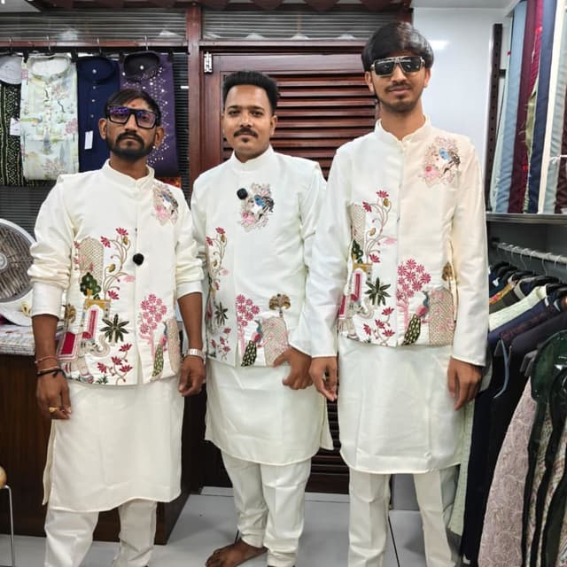 Cream, Pink, Green, Gold, Black, White Kurta Set with Waistcoat
