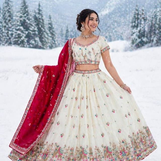 Off-white, Red, Pink, Teal, Gold Lehenga Choli