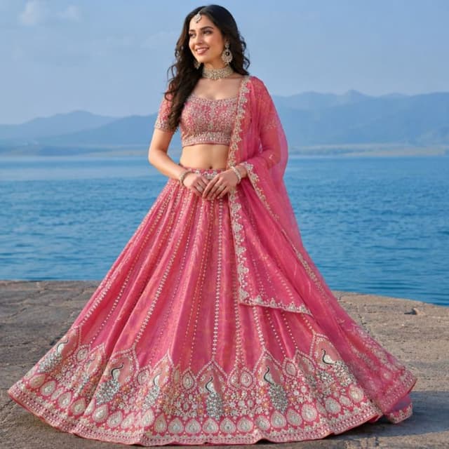 Pink, White, Gold Lehenga Choli