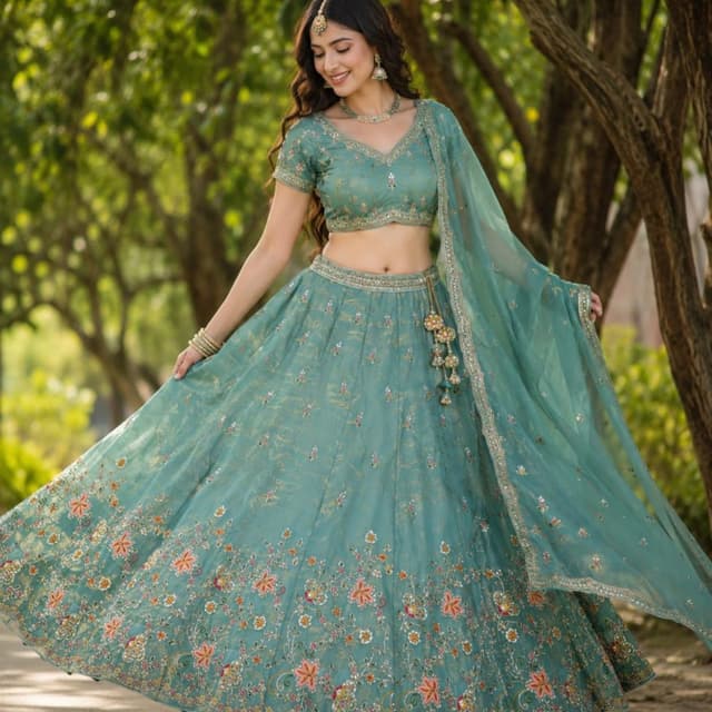 Teal with floral embroidery in shades of pink, orange, and gold Lehenga Choli