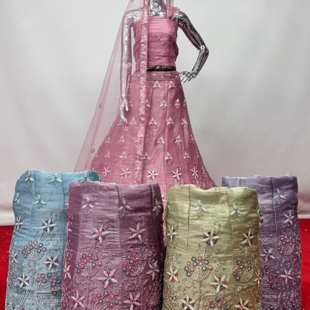 Rose Pink, Light Blue, Dusty Purple, Sage Green Lehenga Choli, Dupatta