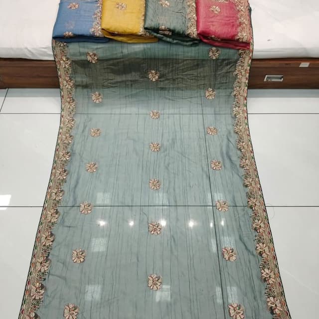 Grey with gradient, blue, yellow, grey, red accents Saree