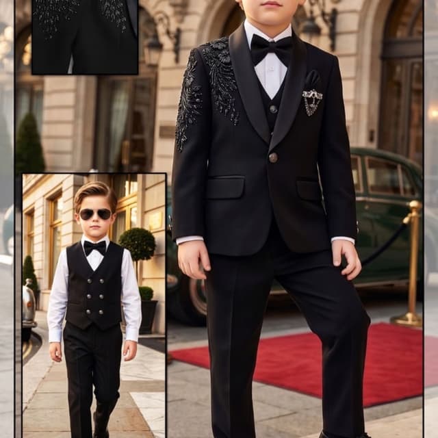 Black, White Suit, Vest, Shirt, Bow Tie