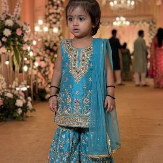 Turquoise blue with gold, pink, and green embroidery Sharara Set
