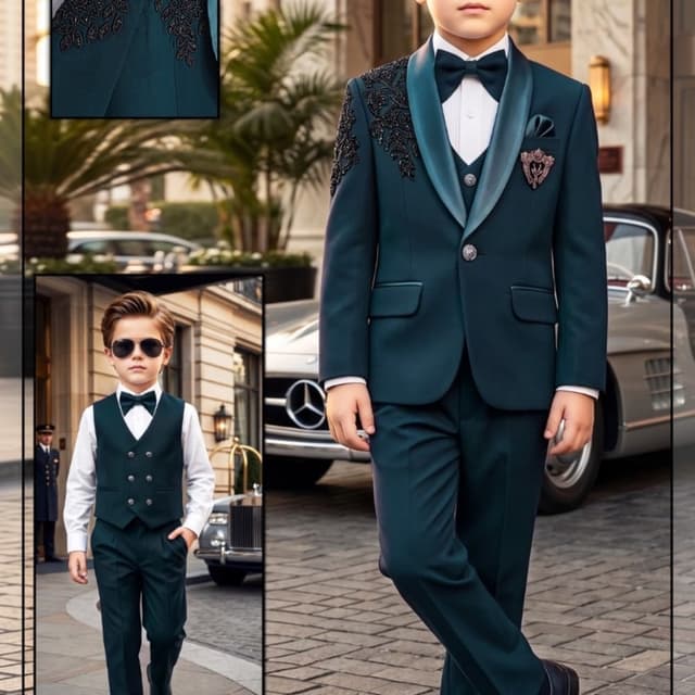 Deep Teal, Black, White Suit Set (Jacket, Vest, Trousers, Shirt, Bowtie)