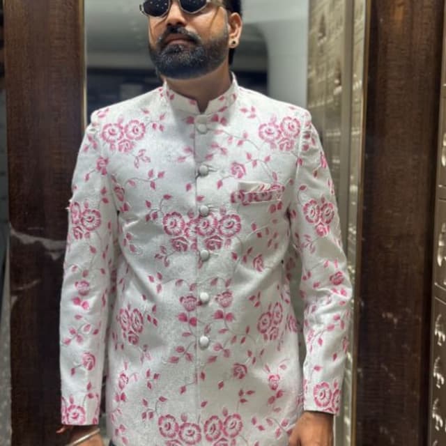 White with pink floral pattern Jodhpuri Suit Jacket (Bandhgala)