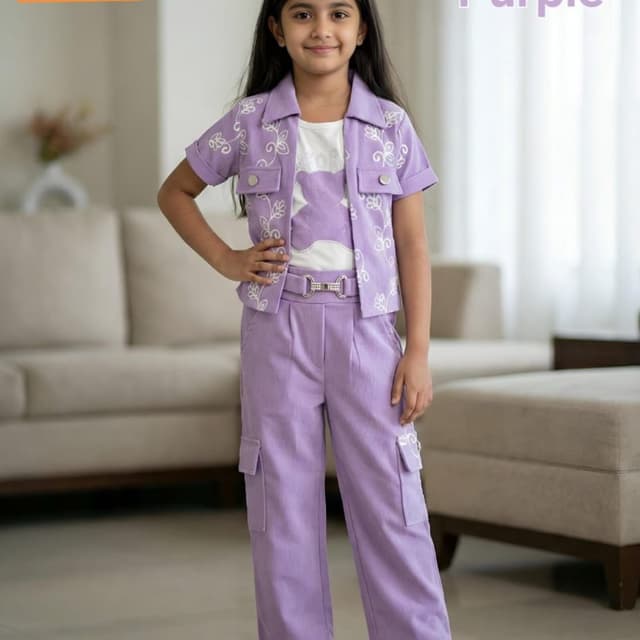 Lavender with white floral embroidery Coordinated Set (Jacket, Top, Pants)
