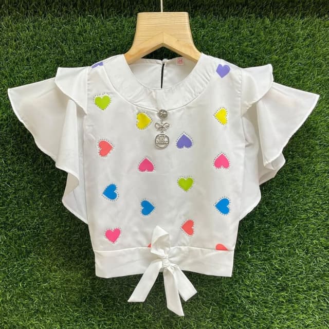 White with multicolored hearts (pink, yellow, blue, green, purple, orange) Top