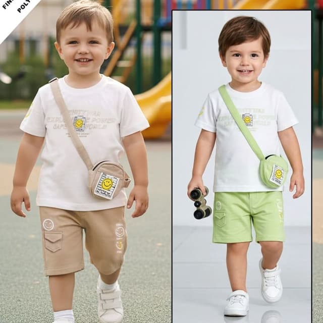 White, Khaki, Light Green T-shirt and Shorts Set