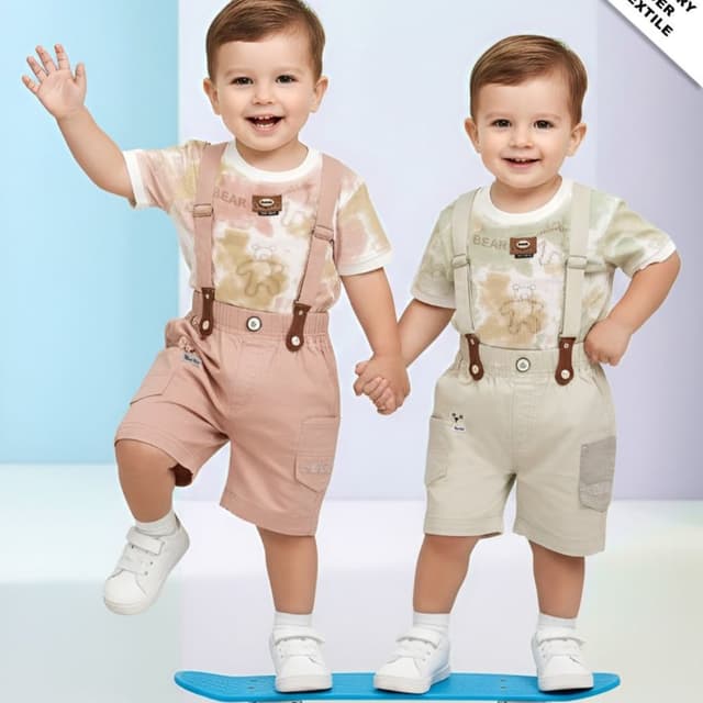 Pink, Beige, White, Brown, Beige-Brown Tie-Dye Kids Outfit (T-shirt and Shorts with Suspenders)