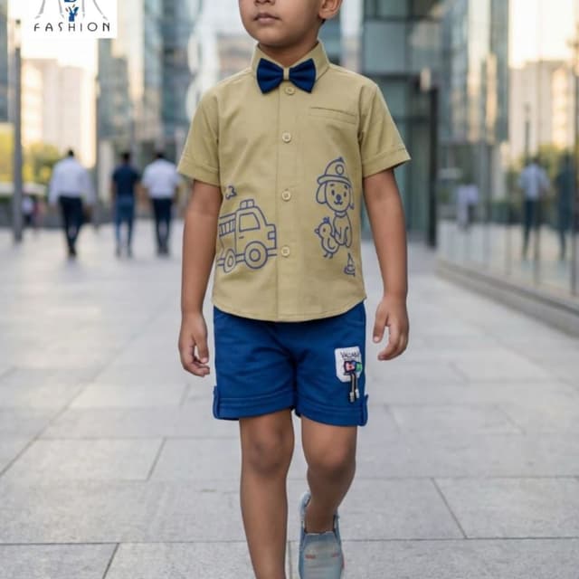 Khaki, Blue Shirt and Shorts Set