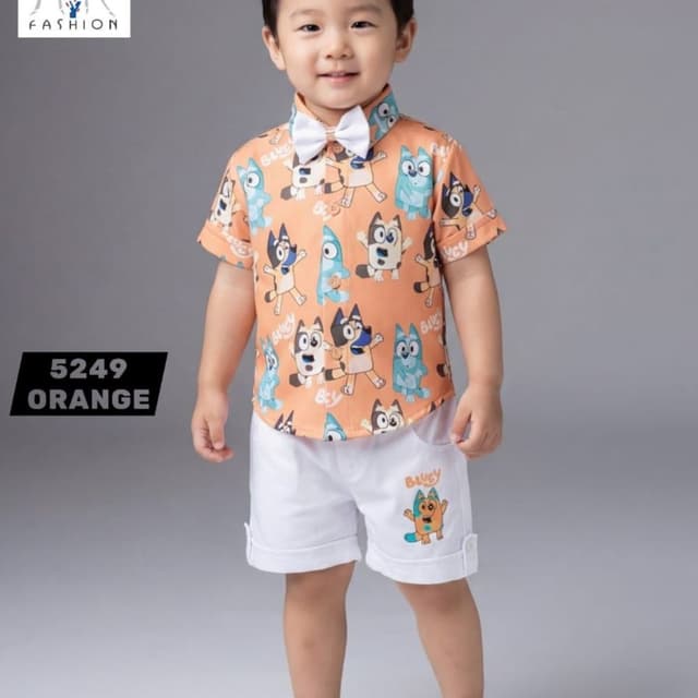 Orange, White, Blue, Black, Tan Shirt and Shorts Set