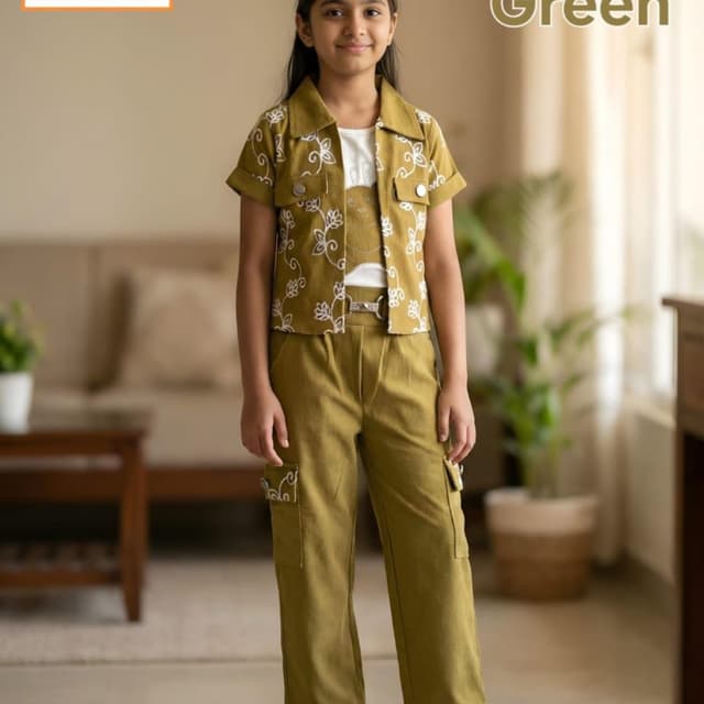 Olive Green with White floral pattern Co-ord Set (Jacket and Pants)