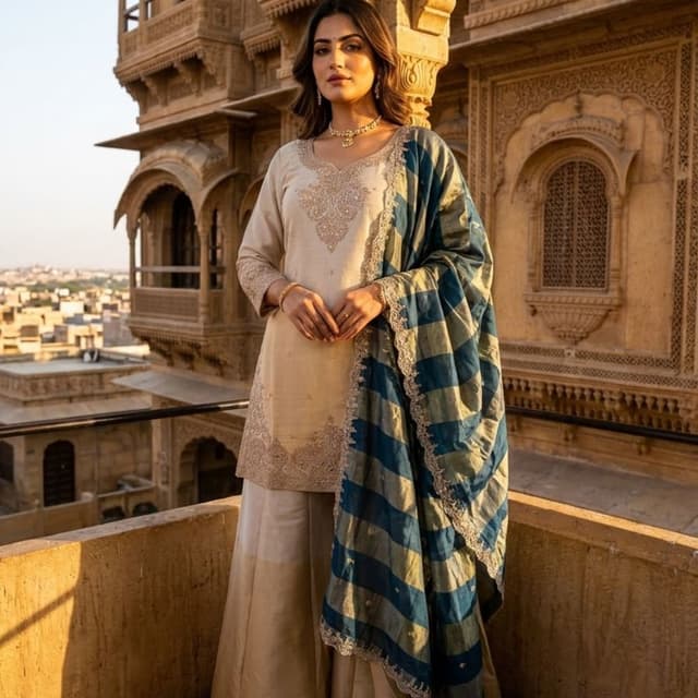 Beige, Blue, Gold Kurta Set with Palazzo and Dupatta
