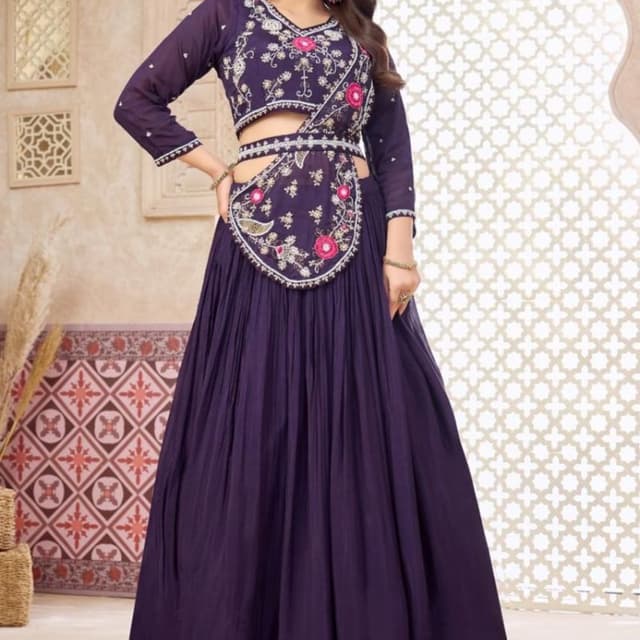 Deep Purple with Pink and White floral embroidery Lehenga Choli