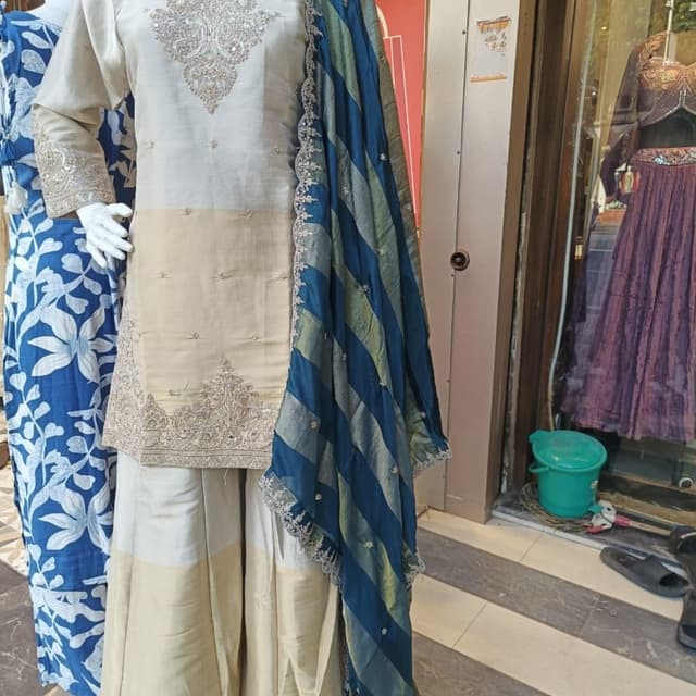 Cream, Beige, Blue, Silver Salwar Kameez Set