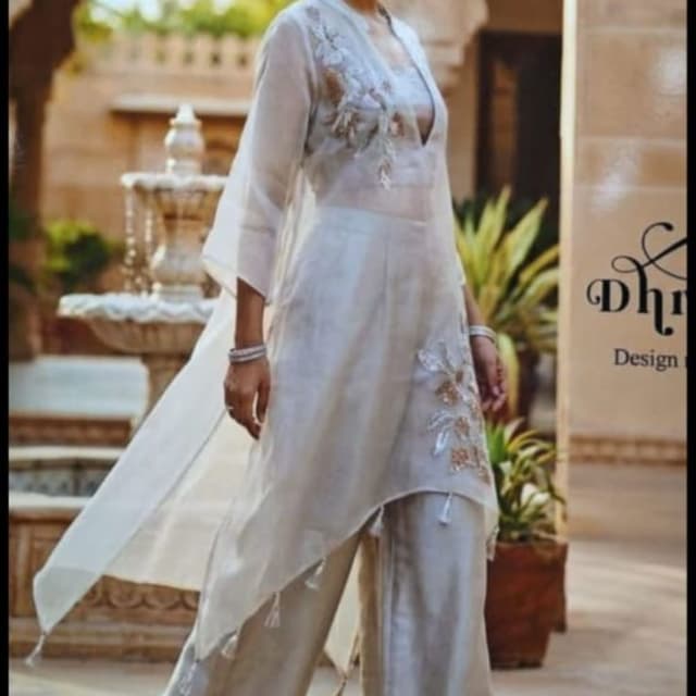 Off-white, Beige, Gold Kurta and Palazzo Set