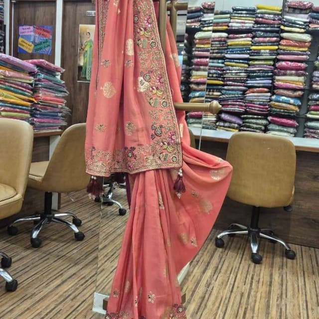 Peach, Gold, Multi-color embroidery Saree