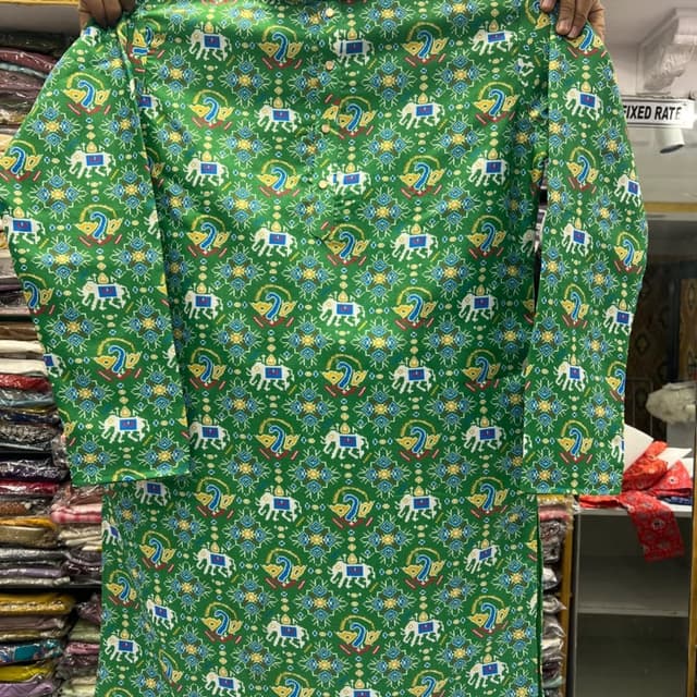 Green with white, blue, yellow, and red accents Kurta
