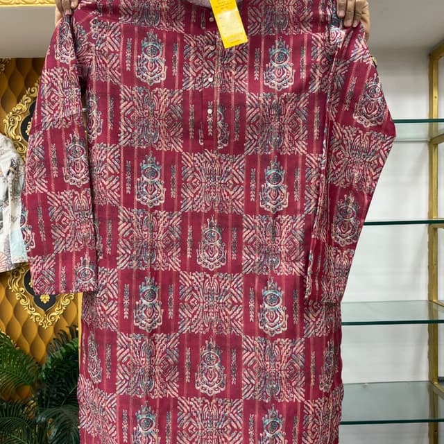 Maroon with intricate patterns in cream, blue, and beige Kurta