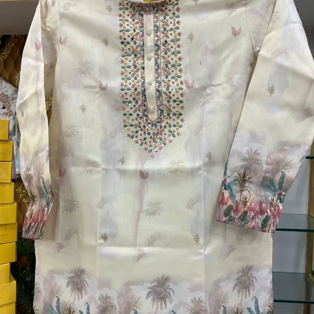 Cream, pastel pink, blue, yellow, green, brown Kurta