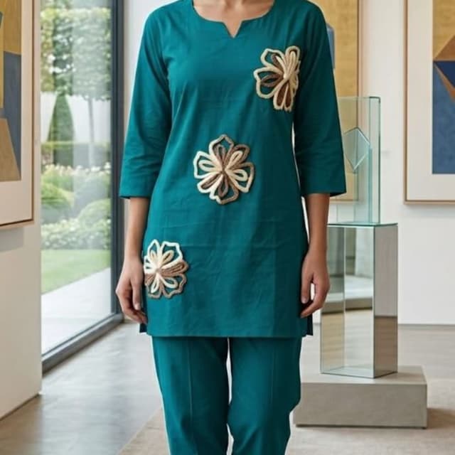 Teal with beige and brown accents Tunic and Pant Set