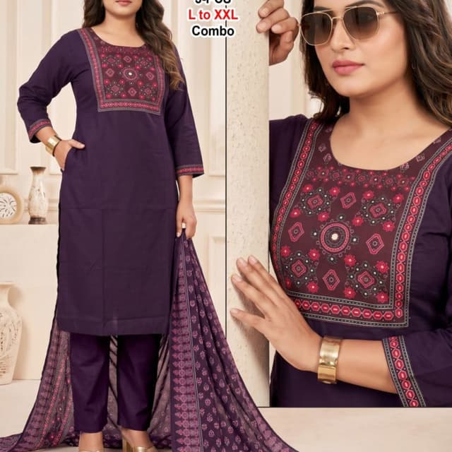 Deep Purple with Pink and Burgundy accents 3-Piece Suit (Kurta, Pants, Dupatta)