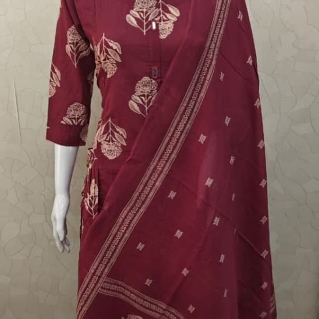 Maroon with beige/gold print Kurta Set with Dupatta