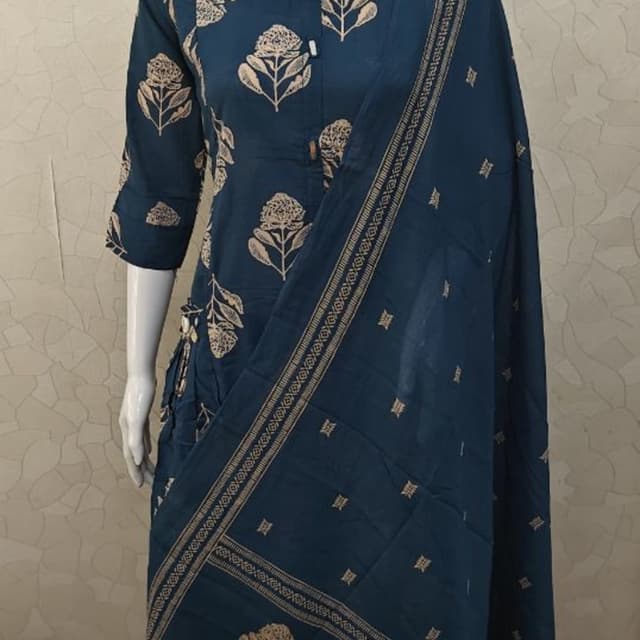Teal blue with beige or light brown print Kurta with Dupatta