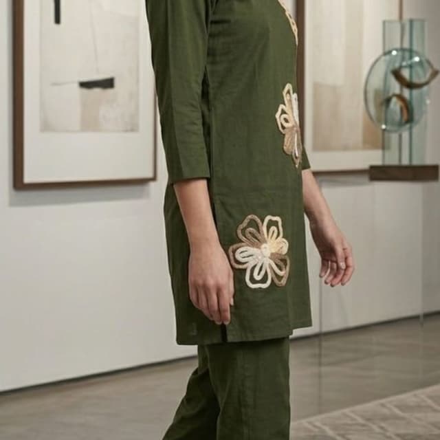 Olive Green, Beige, Cream Tunic and Pants Set