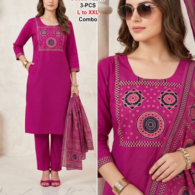 Fuchsia with pink, black, and white accents 3-Piece Suit (Kurta, Pants, Dupatta)