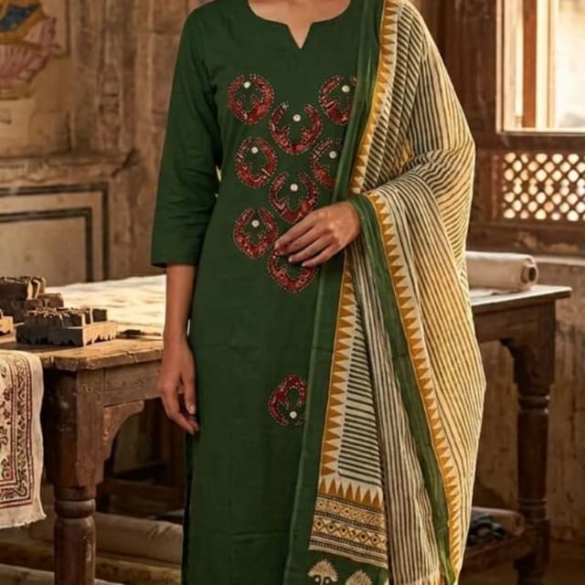 Forest Green, Red, Cream, Yellow, Black Kurta Set