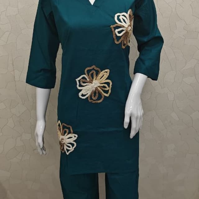 Teal, White, Brown, Beige Kurti and Pants Set