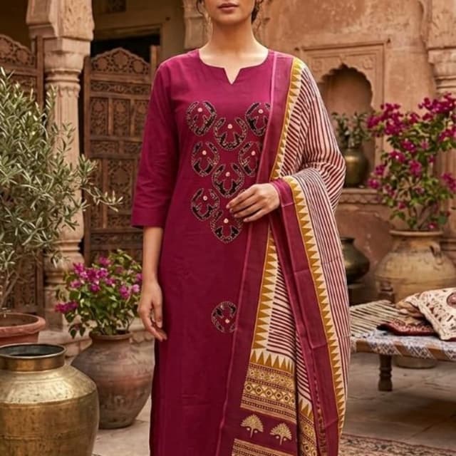 Maroon, Beige, Yellow, Black Kurta Set