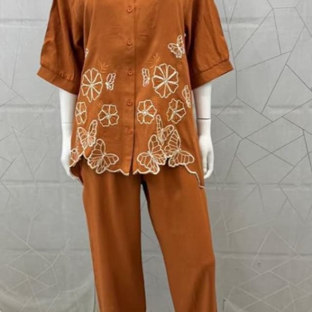 Burnt Orange with White embroidery Pajama Set (Top and Pants)