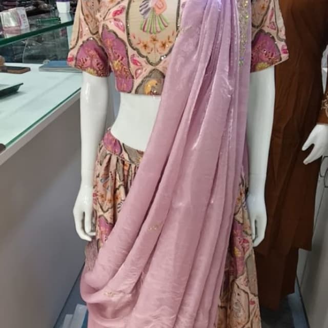 Pastel pink, lavender, beige, brown, with hints of gold and green Lehenga Choli Set with Dupatta