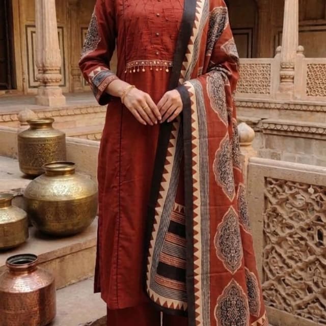 Rust orange, Black, Cream, Beige Kurta Set with Dupatta
