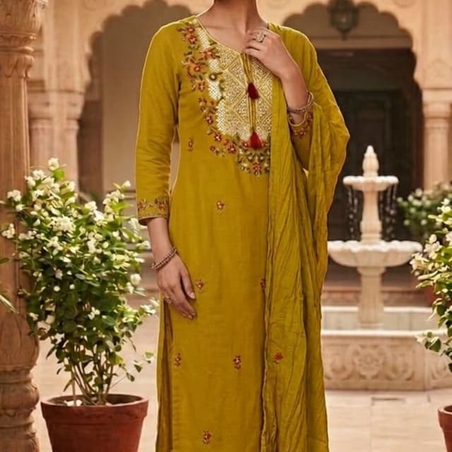 Mustard Yellow, Gold, Red, Green Kurta Set