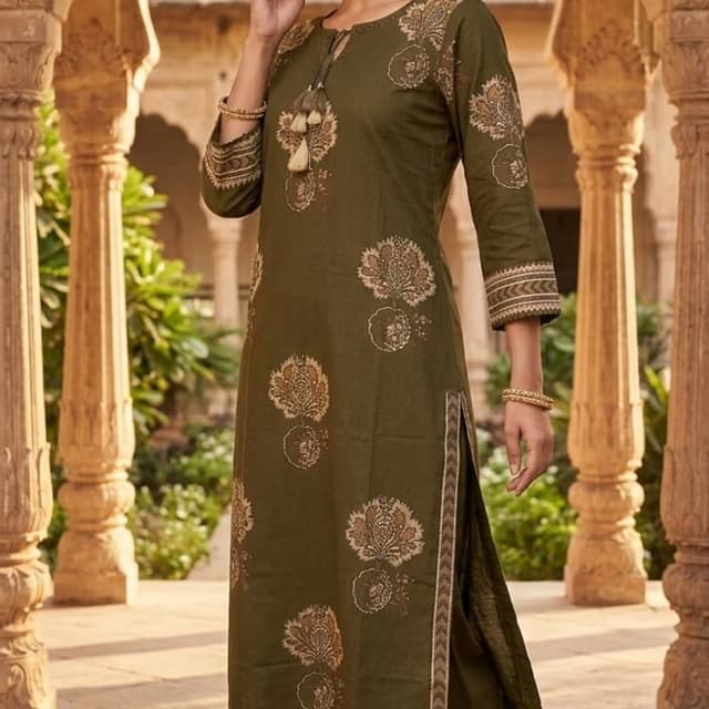 Olive Green with Beige and Brown Print Kurta