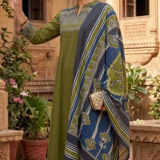 Olive Green, Navy Blue, White, Grey Kurta Set