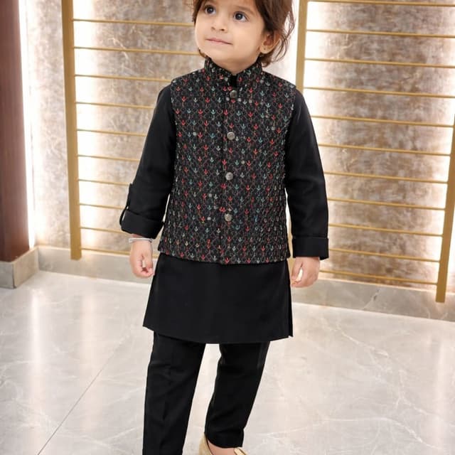 Black with multi-colored embroidery Kurta Pajama with Nehru Jacket