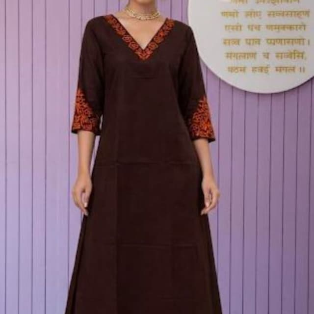 Dark Brown with Orange embroidery Kurta Set