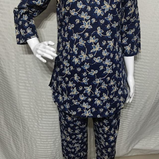 Navy blue with cream and light blue floral print Pajama Set