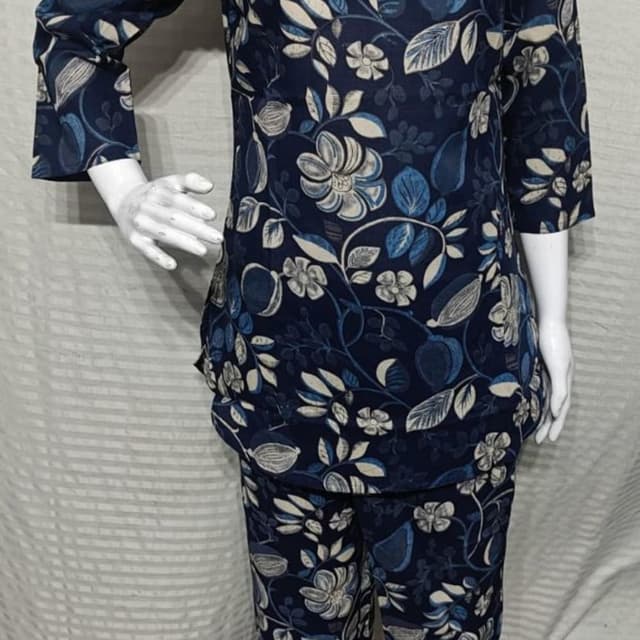 Navy Blue with White and Light Blue floral print Pajama Set
