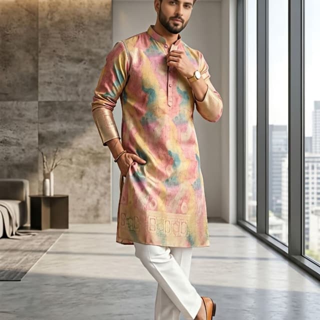 Pastel tie-dye with pink, yellow, turquoise, and beige tones, accented with metallic gold. Kurta